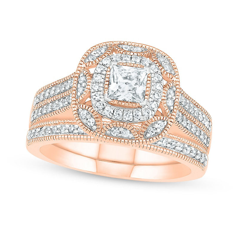 Image of ID 1 075 CT TW Princess-Cut Natural Diamond Double Cushion Frame Antique Vintage-Style Bridal Engagement Ring Set in Solid 10K Rose Gold