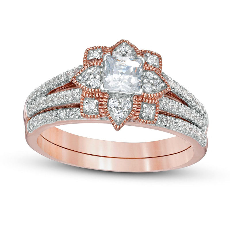 Image of ID 1 075 CT TW Princess-Cut Natural Diamond Flower Frame Antique Vintage-Style Bridal Engagement Ring Set in Solid 10K Rose Gold