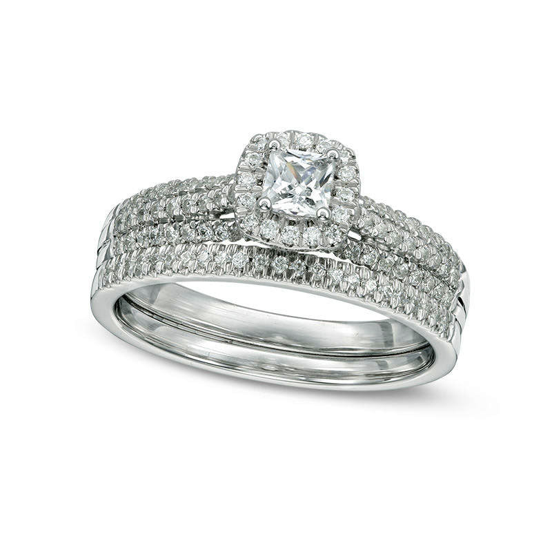 Image of ID 1 075 CT TW Princess-Cut Natural Diamond Frame Multi-Row Bridal Engagement Ring Set in Solid 10K White Gold