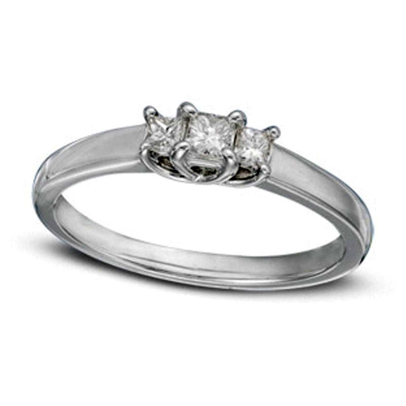 Image of ID 1 075 CT TW Princess-Cut Natural Diamond Three Stone Engagement Ring in Solid 14K White Gold (I/SI2)