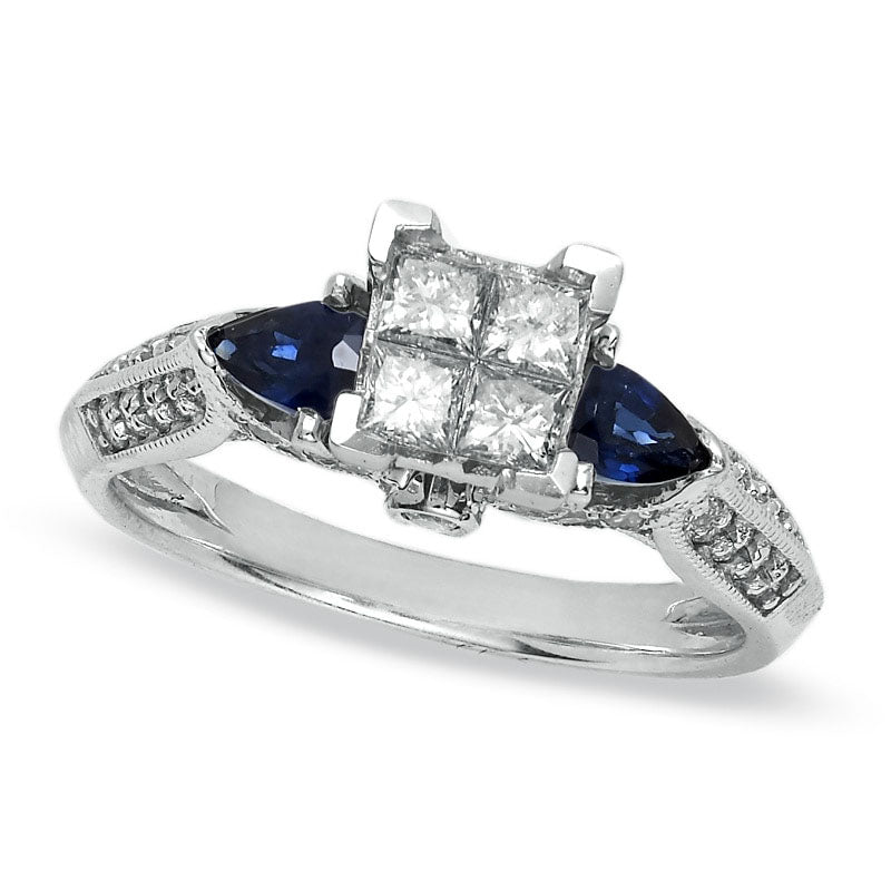 Image of ID 1 075 CT TW Princess-Cut Natural Diamond and Pear-Shaped Blue Sapphire Ring in Solid 14K White Gold