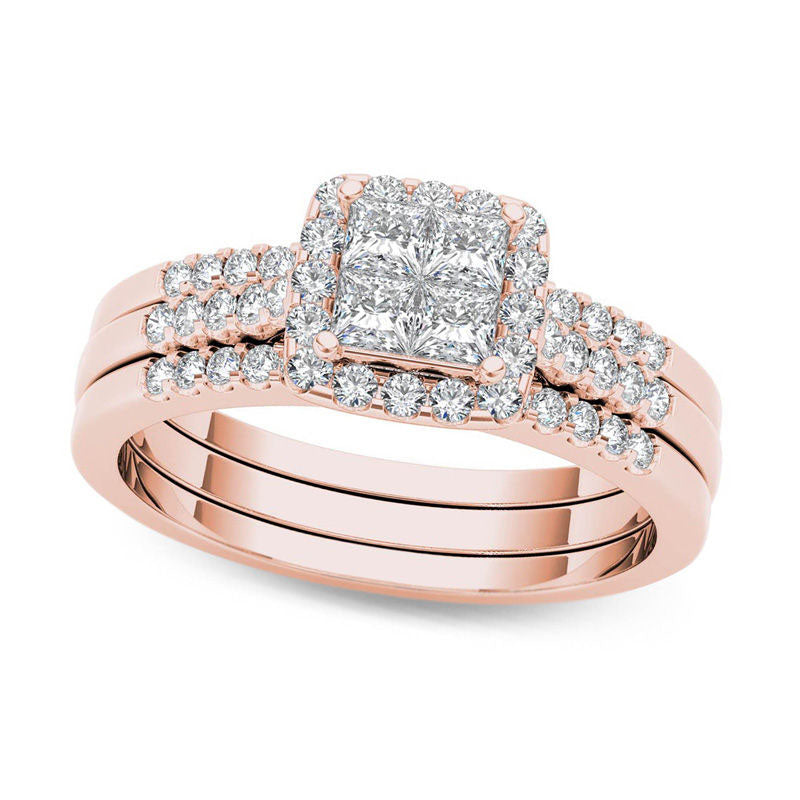 Image of ID 1 075 CT TW Quad Princess-Cut Natural Diamond Frame Three Piece Bridal Engagement Ring Set in Solid 14K Rose Gold