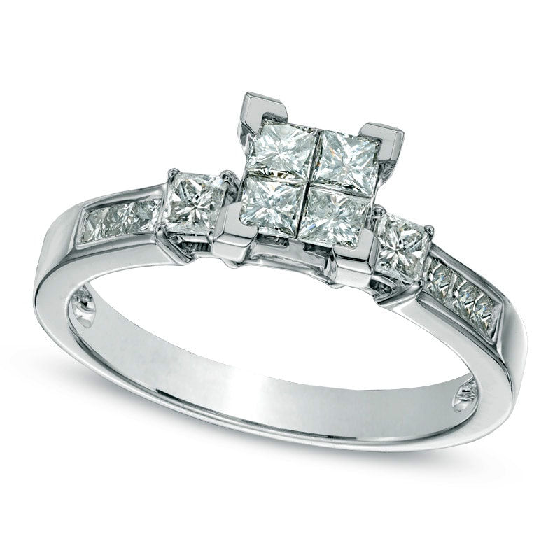 Image of ID 1 075 CT TW Quad Princess-Cut Natural Diamond Three Stone Engagement Ring in Solid 14K White Gold