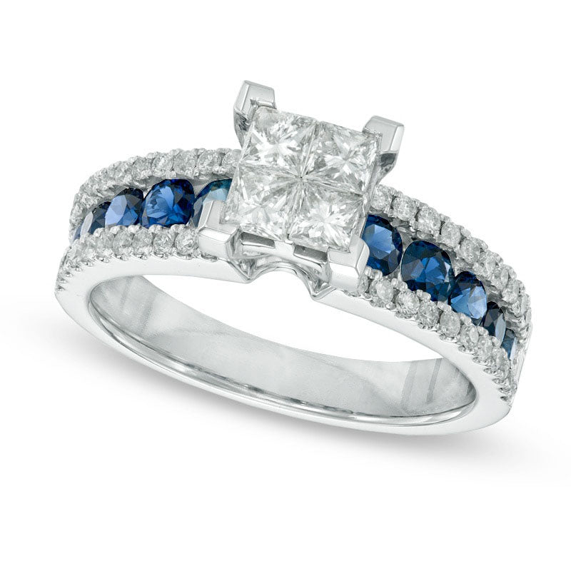 Image of ID 1 075 CT TW Quad Princess-Cut Natural Diamond and Blue Sapphire Ring in Solid 14K White Gold