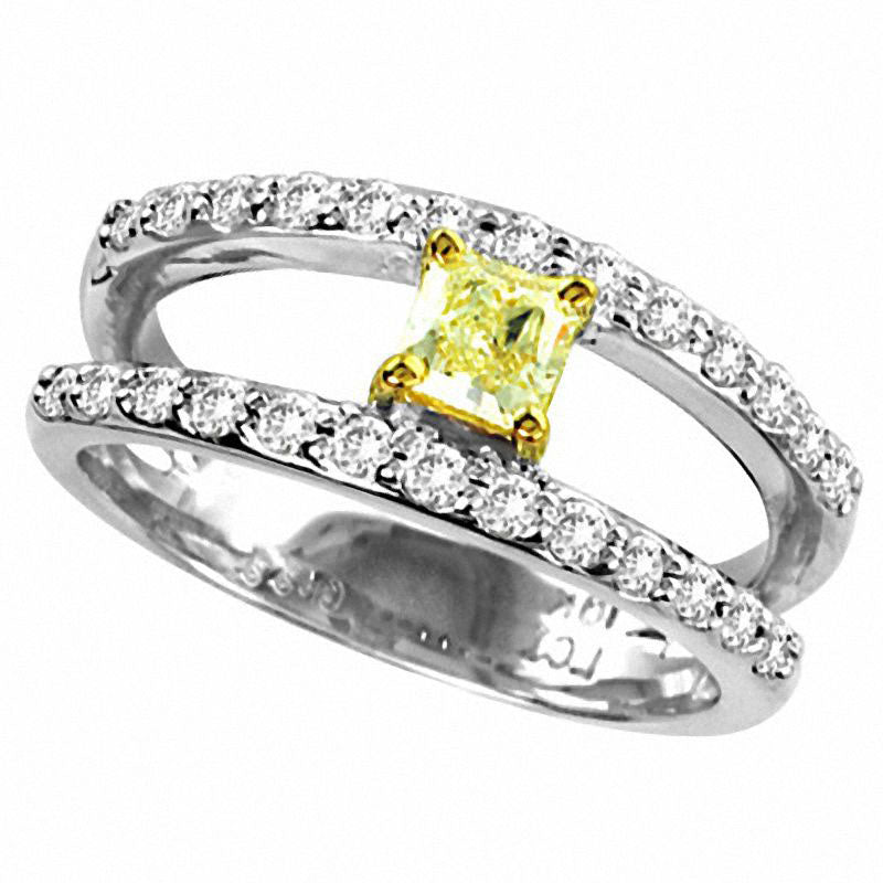Image of ID 1 075 CT TW Radiant-Cut Natural Fancy Yellow and White Natural Diamond Orbit Band in Solid 18K White Gold (SI2)