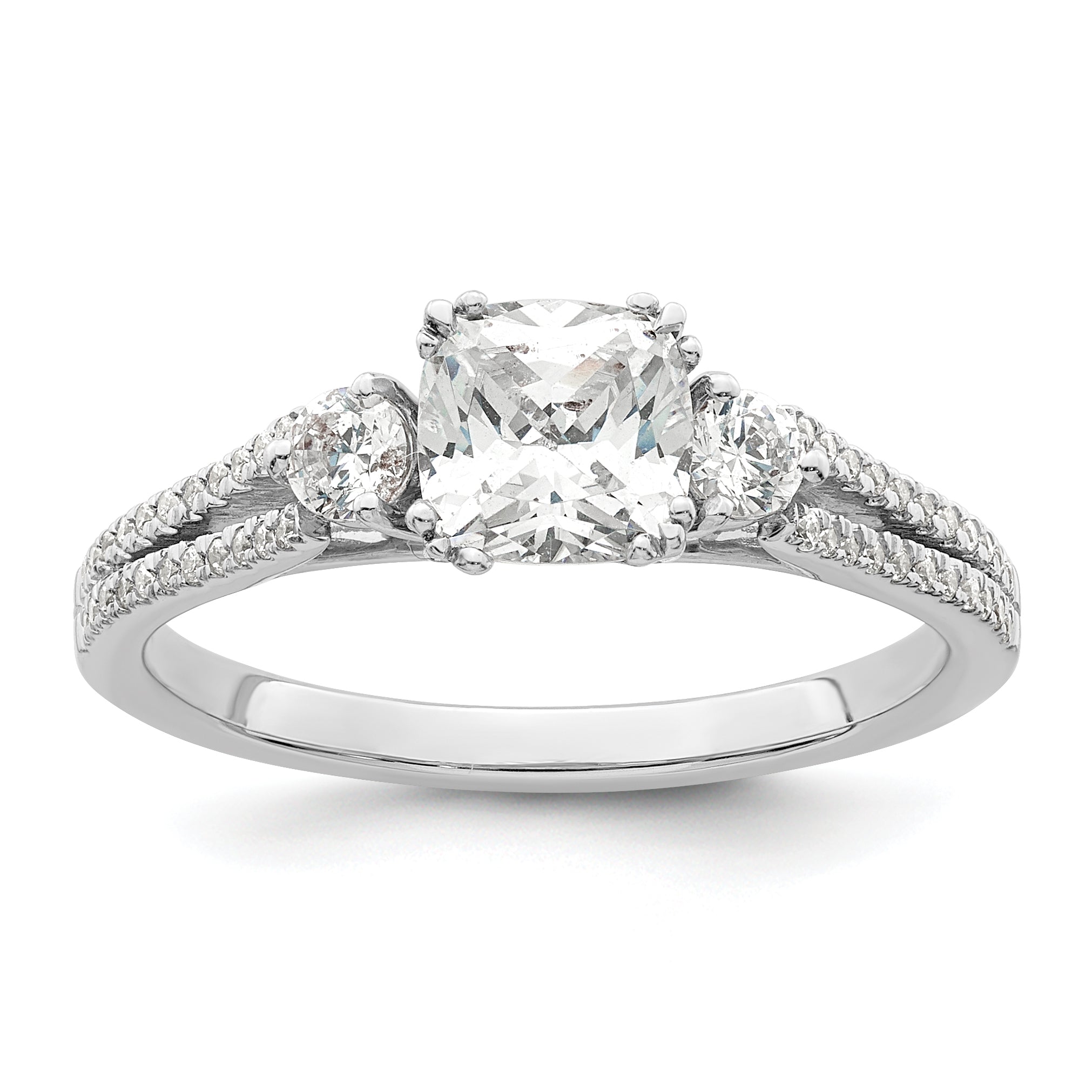 Image of ID 1 075ct CZ Solid Real 14k White Polish 3 Stone 3/4ct Cushion Eng Dia Ring