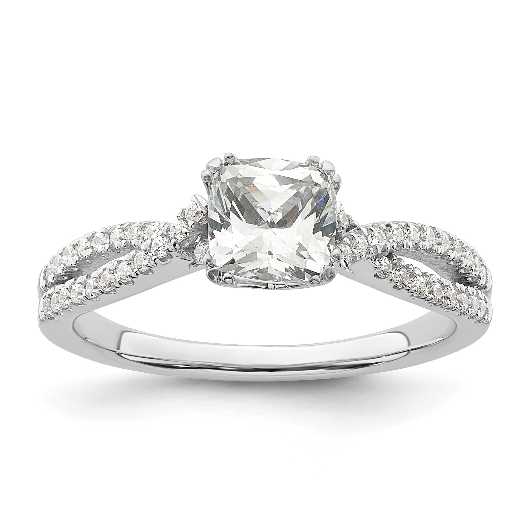Image of ID 1 075ct CZ Solid Real 14k White Polish Criss Cross 3/4ct Cushion Eng Dia Ring
