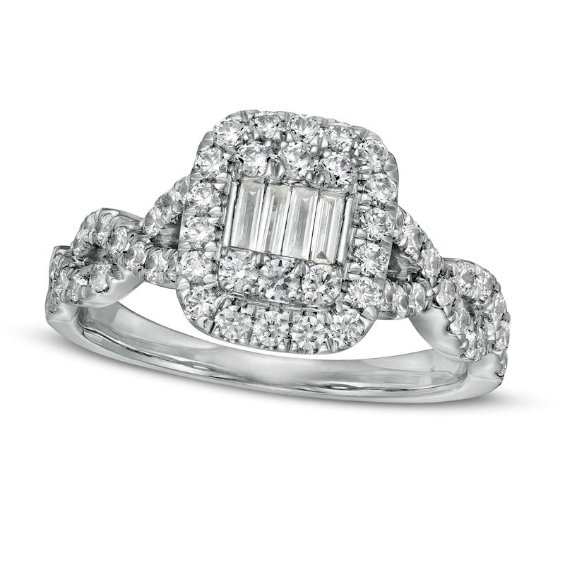 Image of ID 1 088 CT TW Composite Baguette Natural Diamond Cushion Frame Twist Shank Ring in Solid 10K White Gold