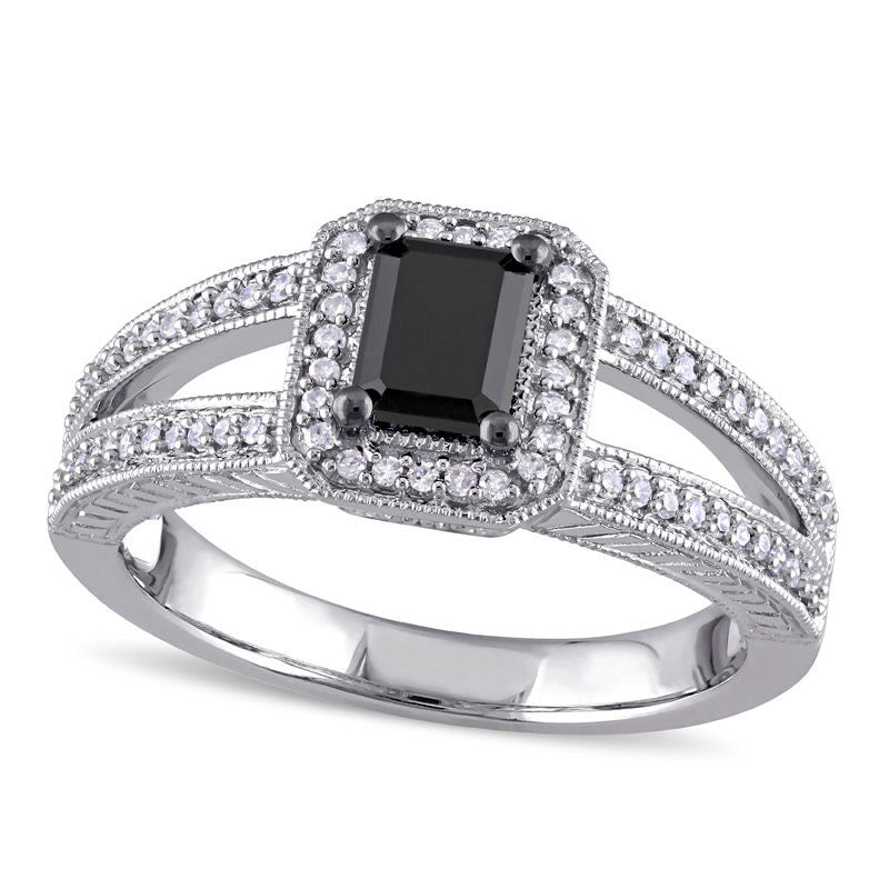 Image of ID 1 088 CT TW Emerald-Cut Enhanced Black and White Natural Diamond Antique Vintage-Style Engagement Ring in Solid 10K White Gold