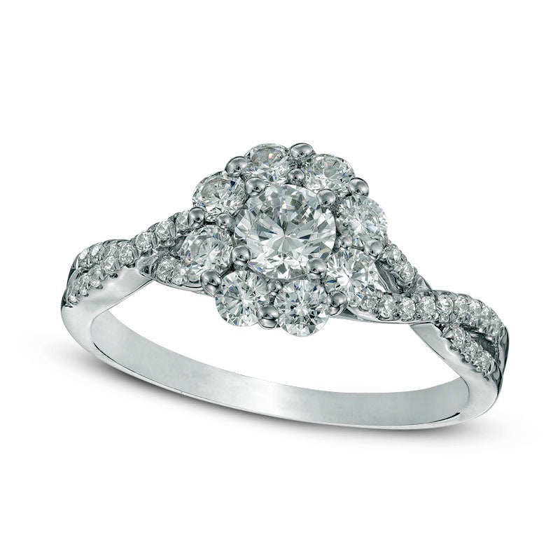 Image of ID 1 088 CT TW Natural Diamond Flower Frame Twist Engagement Ring in Solid 14K White Gold