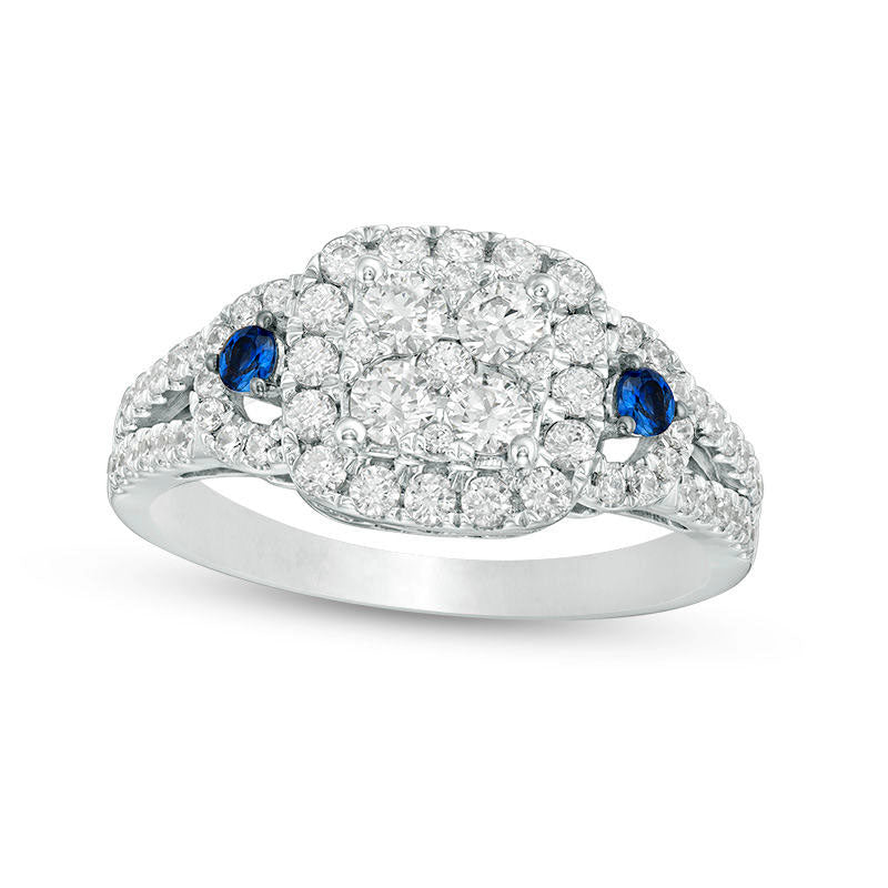 Image of ID 1 088 CT TW Natural Diamond and Blue Sapphire Cushion Frame Engagement Ring in Solid 10K White Gold