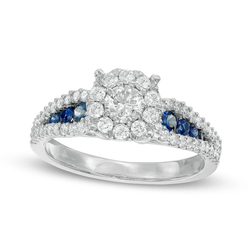 Image of ID 1 088 CT TW Natural Diamond and Blue Sapphire Frame Engagement Ring in Solid 14K White Gold