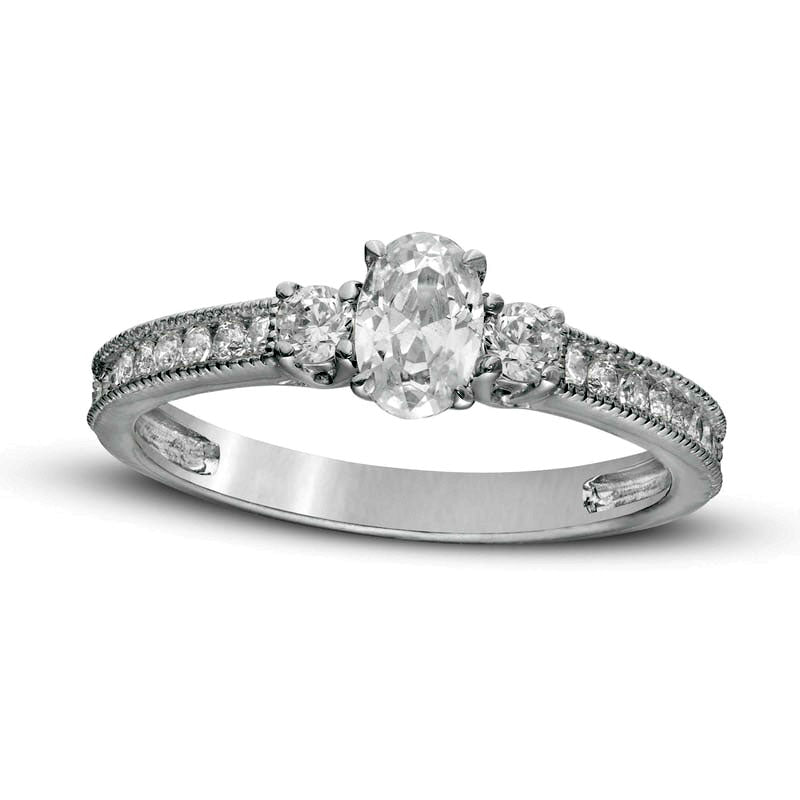 Image of ID 1 088 CT TW Oval and Round Natural Diamond Three Stone Antique Vintage-Style Engagement Ring in Solid 14K White Gold