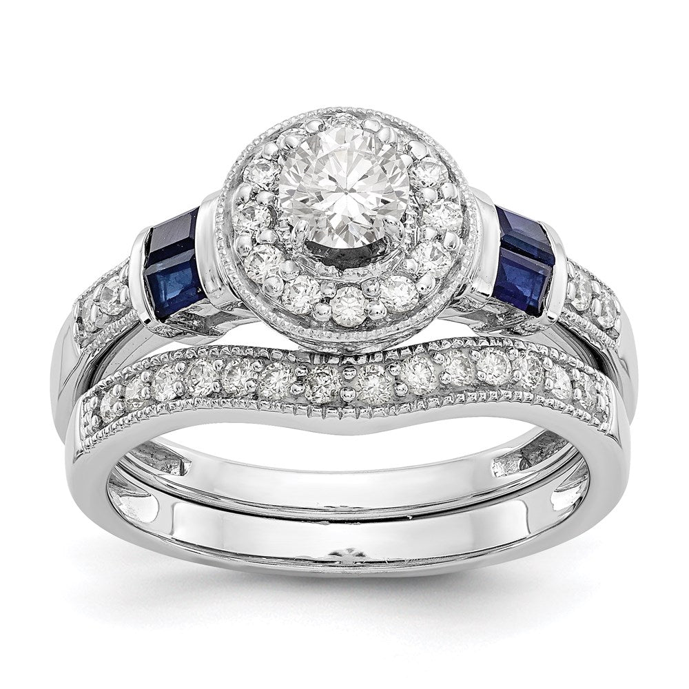 Image of ID 1 1 Ct Natural Diamond & Blue Sapphire Halo Bridal Engagement Ring Set in 14K White Gold