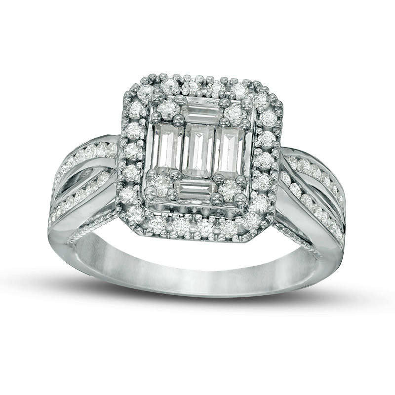 Image of ID 1 10 CT TW Baguette and Round Composite Natural Diamond Cushion Frame Engagement Ring in Solid 14K White Gold
