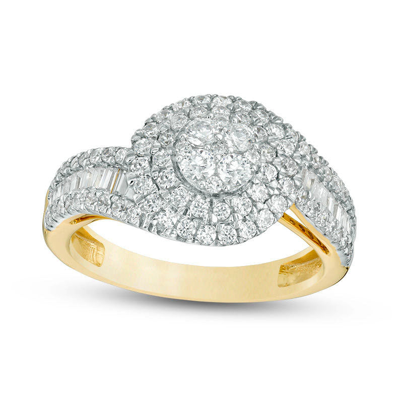 Image of ID 1 10 CT TW Baguette and Round Composite Natural Diamond Frame Bypass Engagement Ring in Solid 10K Yellow Gold