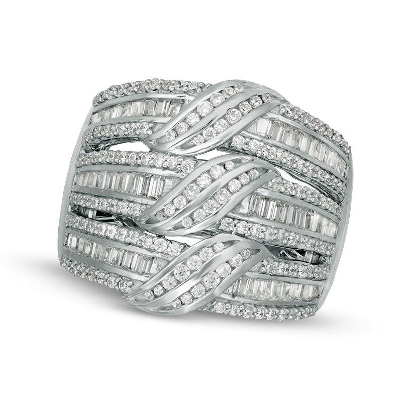 Image of ID 1 10 CT TW Baguette and Round Natural Diamond Multi-Row Three Wave Ring in Solid 10K White Gold