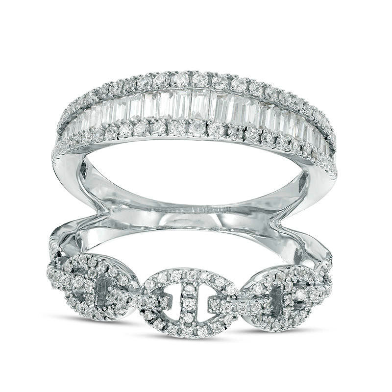 Image of ID 1 10 CT TW Baguette and Round Natural Diamond Open Stacked Ring in Solid 10K White Gold