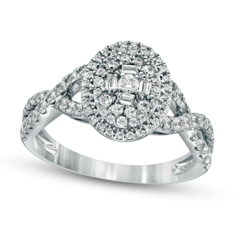 Image of ID 1 10 CT TW Baguette and Round Natural Diamond Oval Frame Twist Shank Ring in Solid 10K White Gold
