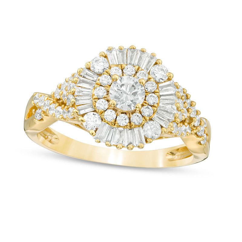 Image of ID 1 10 CT TW Baguette and Round Natural Diamond Sunburst Frame Tri-Sides Engagement Ring in Solid 14K Gold