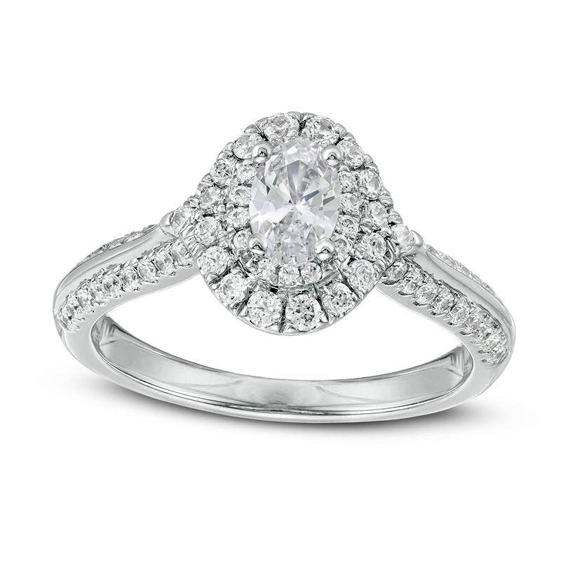 Image of ID 1 10 CT TW Certified Oval Natural Diamond Double Frame Engagement Ring in Solid 14K White Gold (I/SI2)