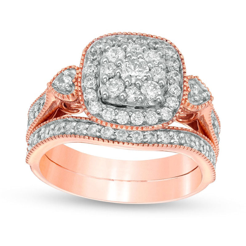 Image of ID 1 10 CT TW Composite Natural Diamond Cushion Frame Heart-Sides Antique Vintage-Style Bridal Engagement Ring Set in Solid 10K Rose Gold
