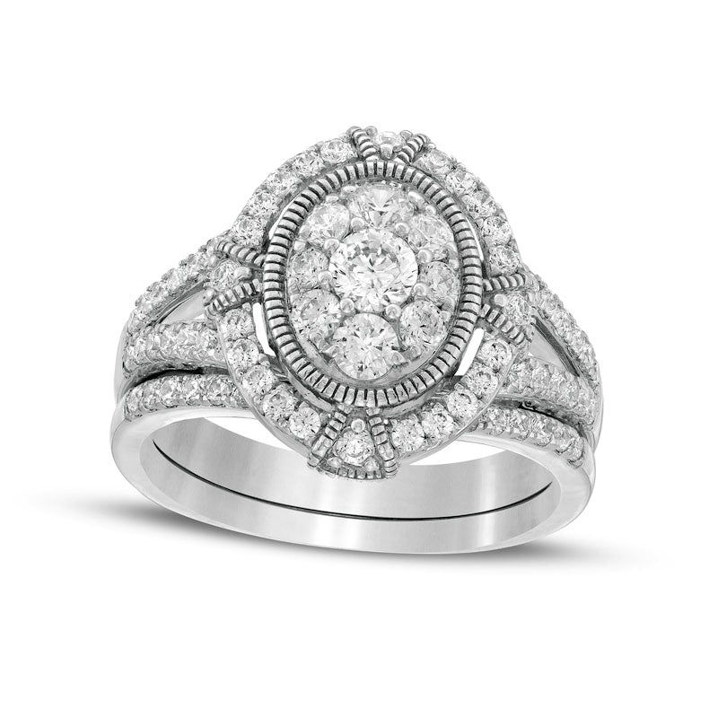 Image of ID 1 10 CT TW Composite Oval Natural Diamond Split Shank Antique Vintage-Style Bridal Engagement Ring Set in Solid 10K White Gold