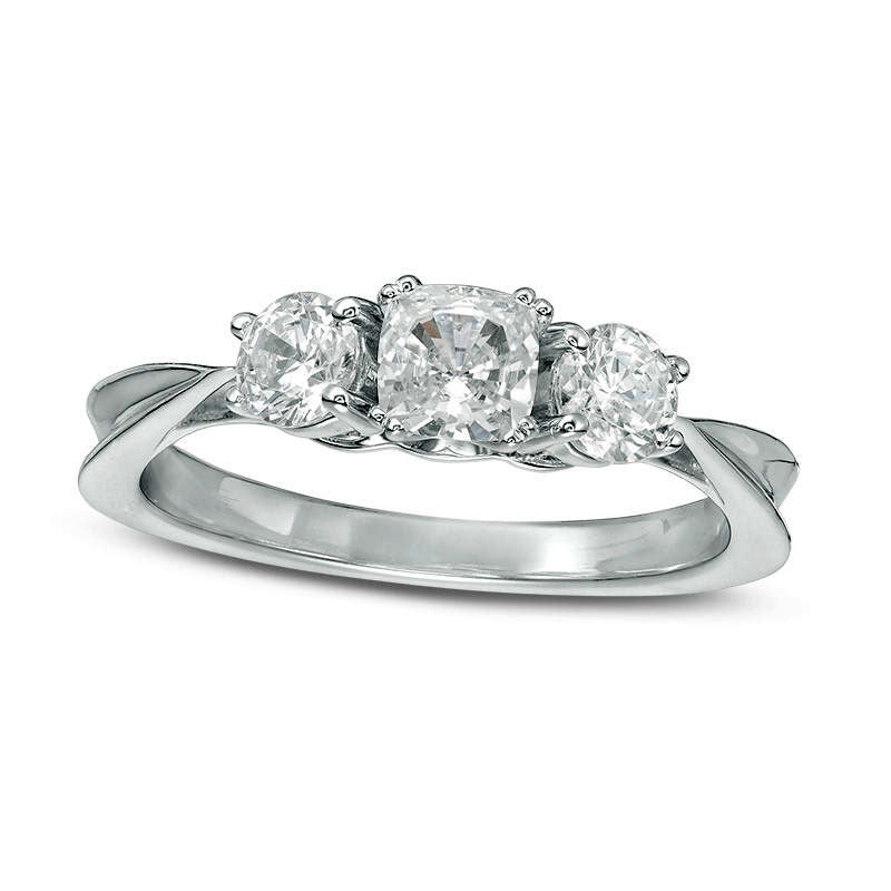 Image of ID 1 10 CT TW Cushion-Cut Natural Diamond Three Stone Engagement Ring in Solid 14K White Gold