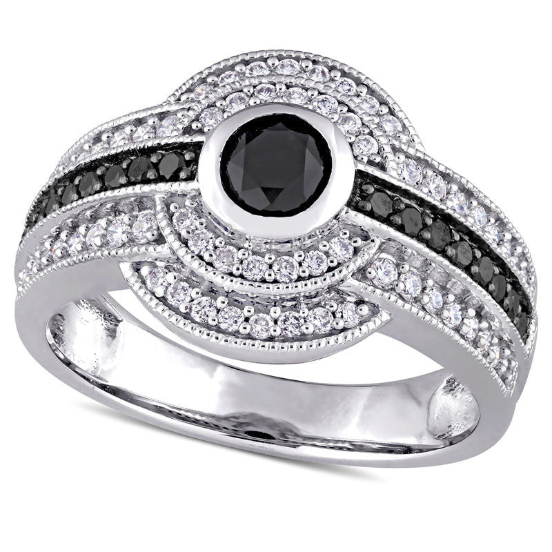 Image of ID 1 10 CT TW Enhanced Black and White Natural Diamond Double Frame Three Row Engagement Ring in Solid 14K White Gold