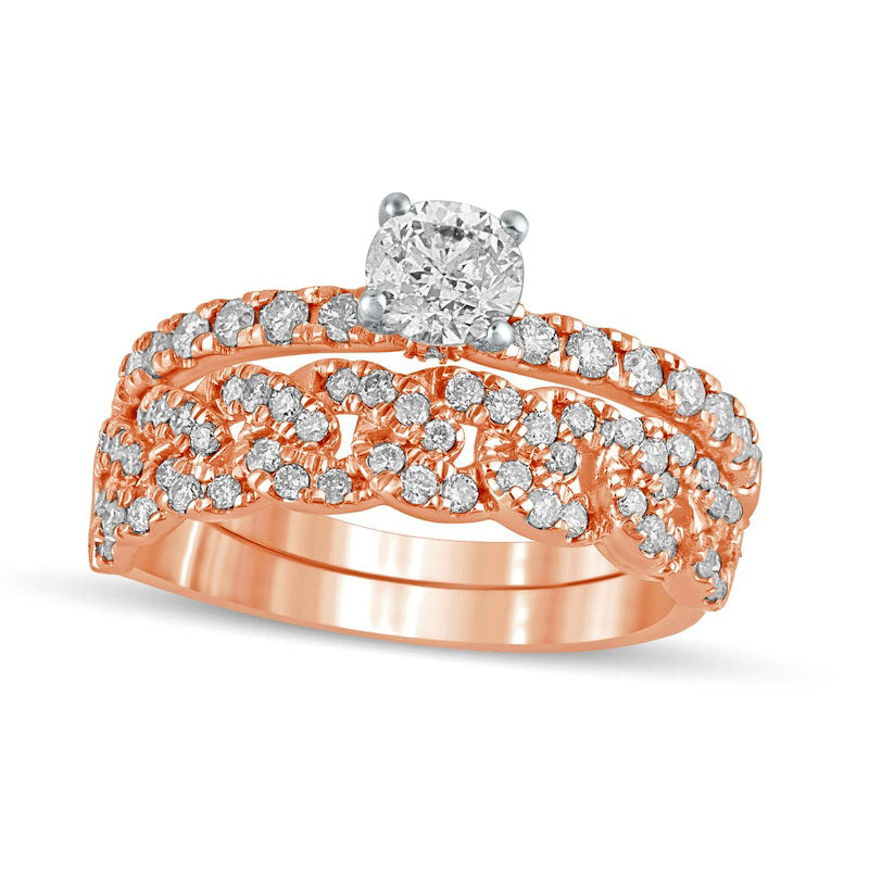 Image of ID 1 10 CT TW Natural Diamond Cuban Curb Chain Link Bridal Engagement Ring Set in Solid 10K Rose Gold