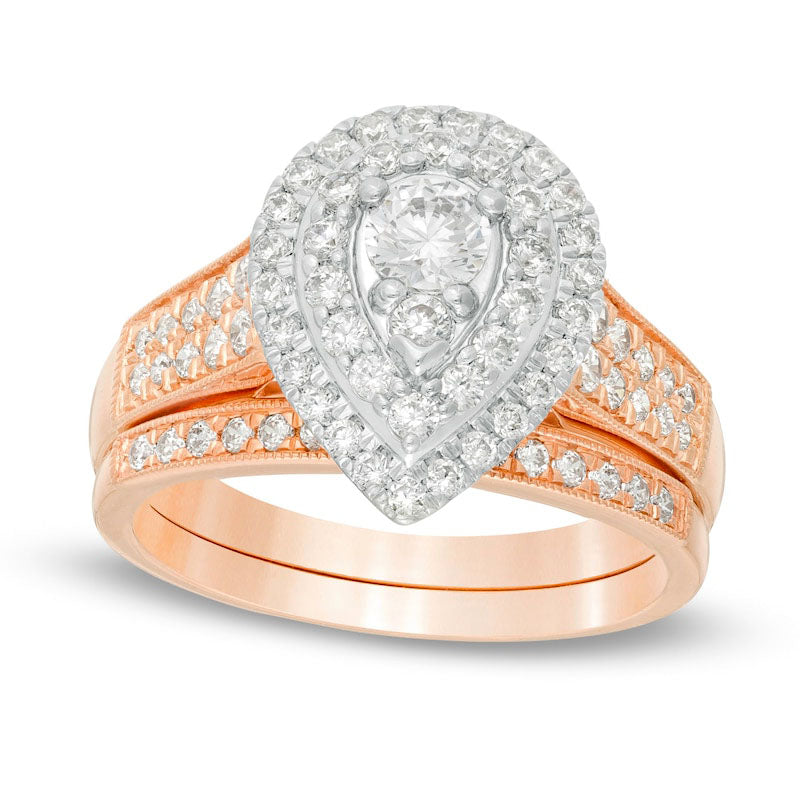 Image of ID 1 10 CT TW Natural Diamond Double Pear-Shaped Frame Antique Vintage-Style Bridal Engagement Ring Set in Solid 14K Rose Gold