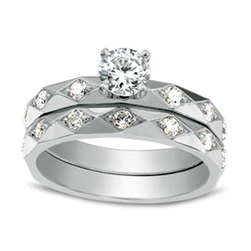 Image of ID 1 10 CT TW Natural Diamond Quilted Bridal Engagement Ring Set in Solid 14K White Gold
