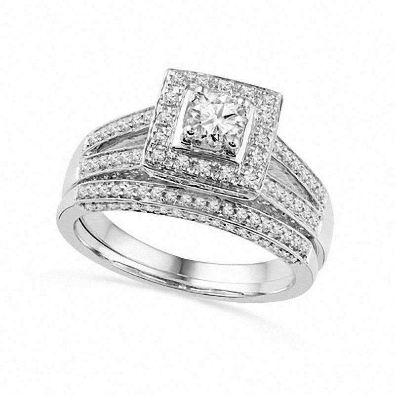 Image of ID 1 10 CT TW Natural Diamond Square Frame Split Shank Bridal Engagement Ring Set in Solid 14K White Gold