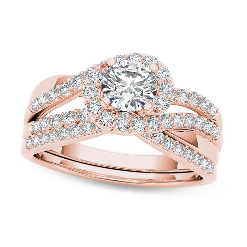 Image of ID 1 10 CT TW Natural Diamond Swirl Bypass Bridal Engagement Ring Set in Solid 14K Rose Gold