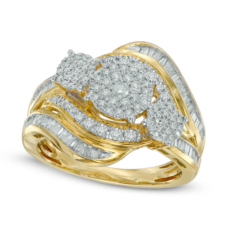 Image of ID 1 10 CT TW Natural Diamond Three Stone Cluster Bypass Ring in Solid 10K Yellow Gold