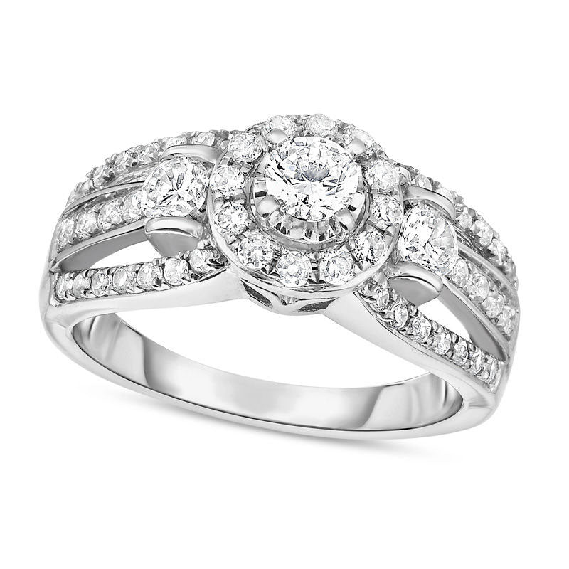 Image of ID 1 10 CT TW Natural Diamond Three Stone Frame Multi-Row Split Shank Engagement Ring in Solid 14K White Gold