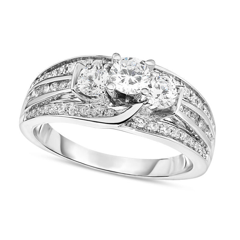 Image of ID 1 10 CT TW Natural Diamond Three Stone Multi-Row Shank Engagement Ring in Solid 14K White Gold