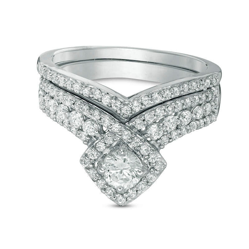 Image of ID 1 10 CT TW Natural Diamond Tilted Cushion Frame Bridal Engagement Ring Set in Solid 10K White Gold