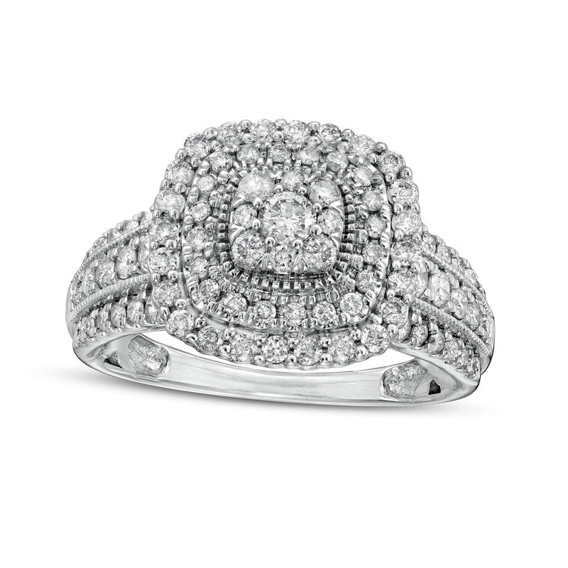 Image of ID 1 10 CT TW Natural Diamond Triple Cushion-Shaped Frame Antique Vintage-Style Engagement Ring in Solid 10K White Gold