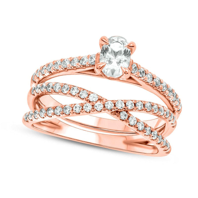 Image of ID 1 10 CT TW Oval Natural Diamond Crossover Bridal Engagement Ring Set in Solid 10K Rose Gold