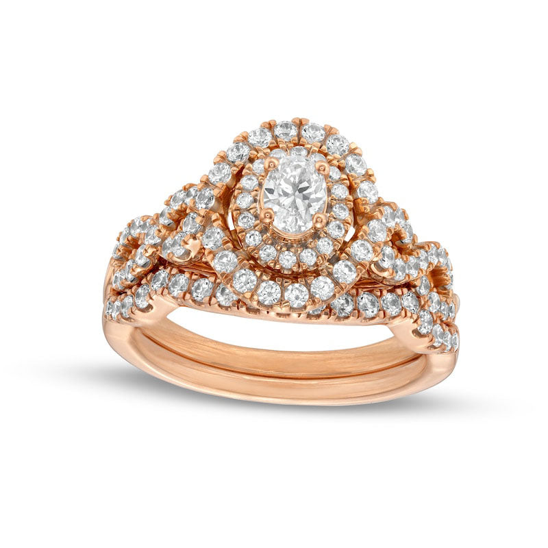 Image of ID 1 10 CT TW Oval Natural Diamond Double Frame Twist Shank Bridal Engagement Ring Set in Solid 14K Rose Gold