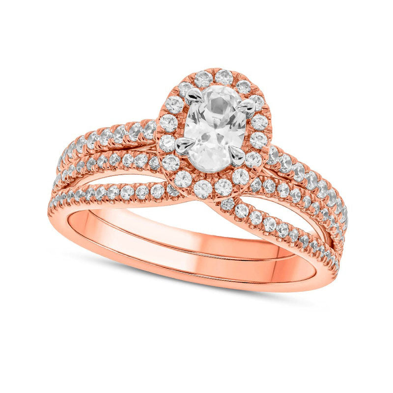 Image of ID 1 10 CT TW Oval Natural Diamond Frame Crossover Bridal Engagement Ring Set in Solid 10K Rose Gold