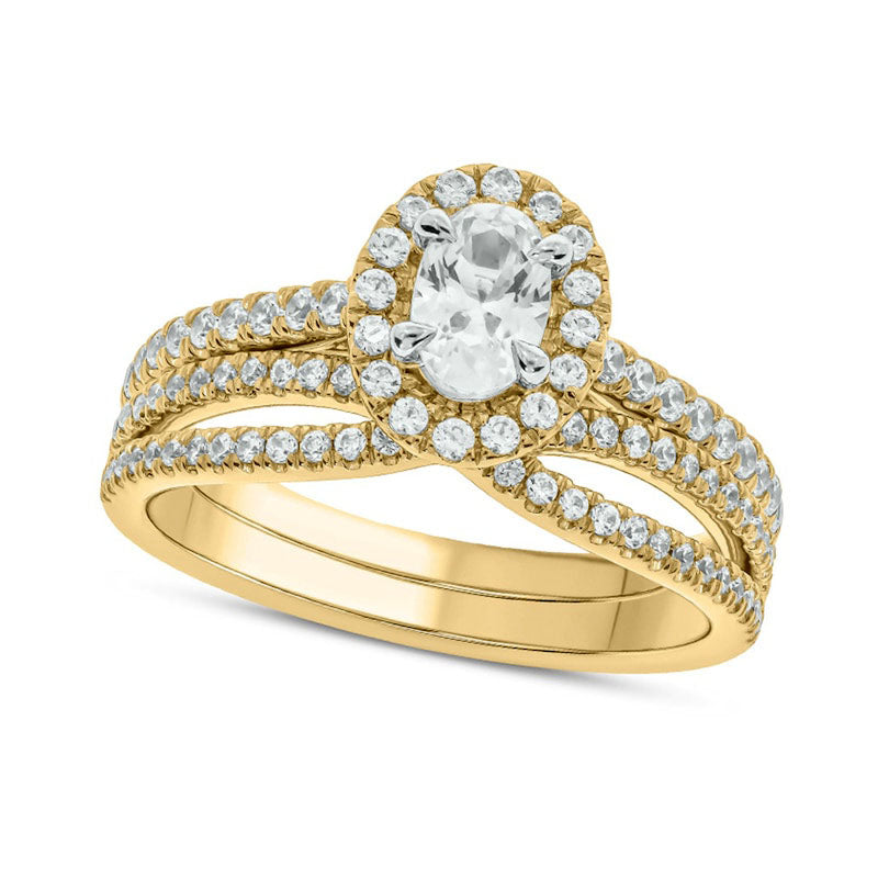Image of ID 1 10 CT TW Oval Natural Diamond Frame Crossover Bridal Engagement Ring Set in Solid 10K Yellow Gold
