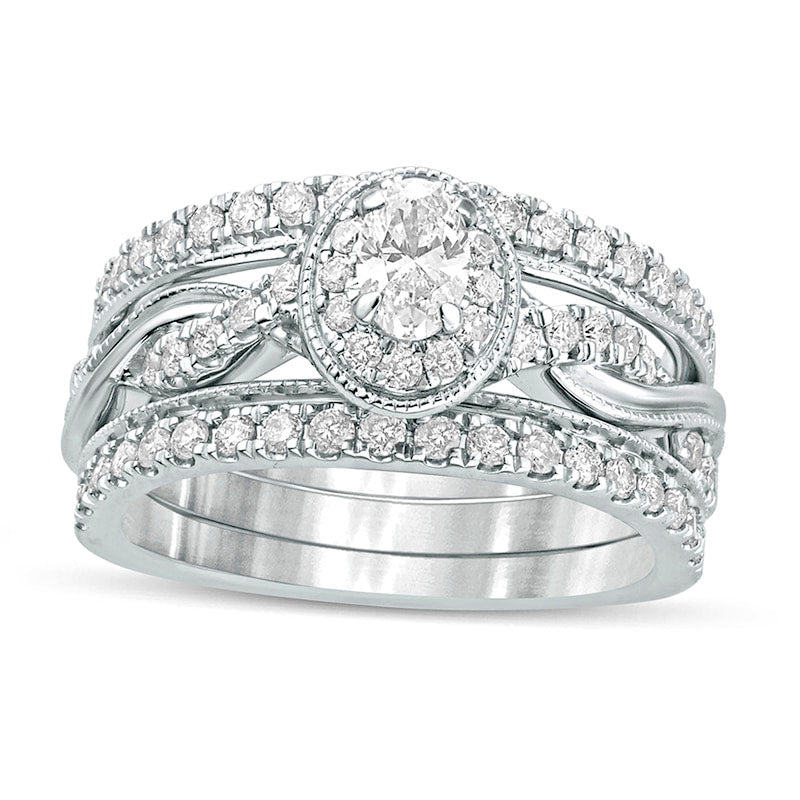 Image of ID 1 10 CT TW Oval Natural Diamond Frame Twist Shank Antique Vintage-Style Bridal Engagement Ring Set in Solid 14K White Gold