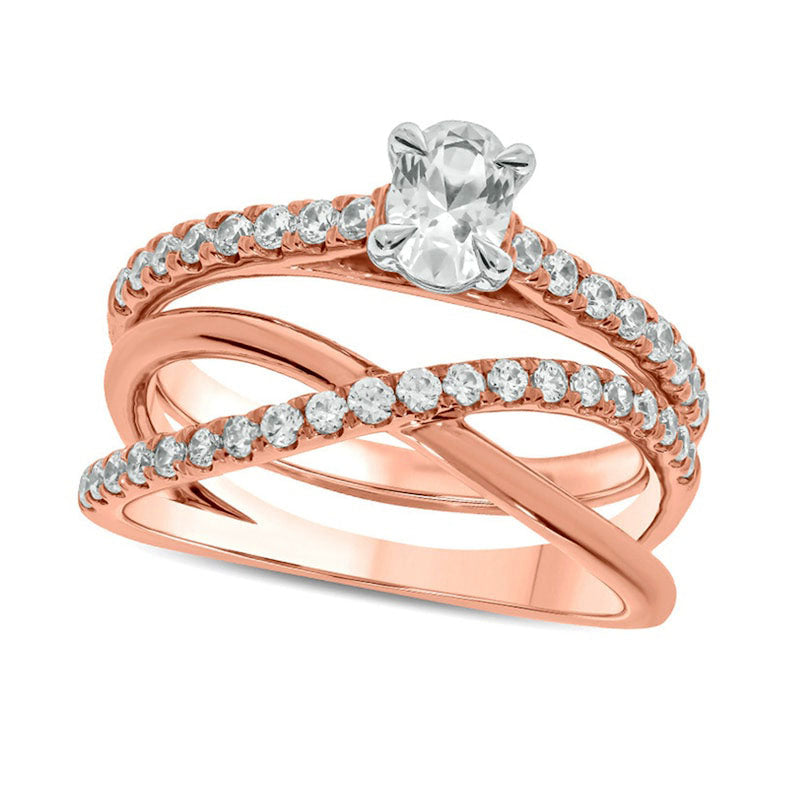 Image of ID 1 10 CT TW Oval Natural Diamond Slant Bridal Engagement Ring Set in Solid 10K Rose Gold