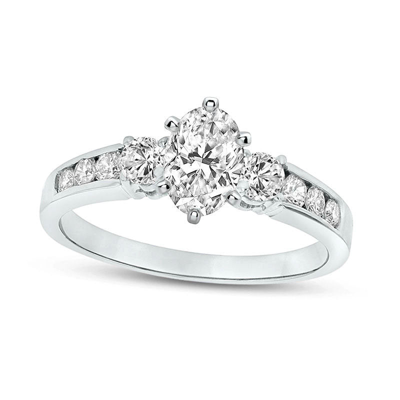 Image of ID 1 10 CT TW Oval Natural Diamond Three Stone Engagement Ring in Solid 14K White Gold (J/SI2)
