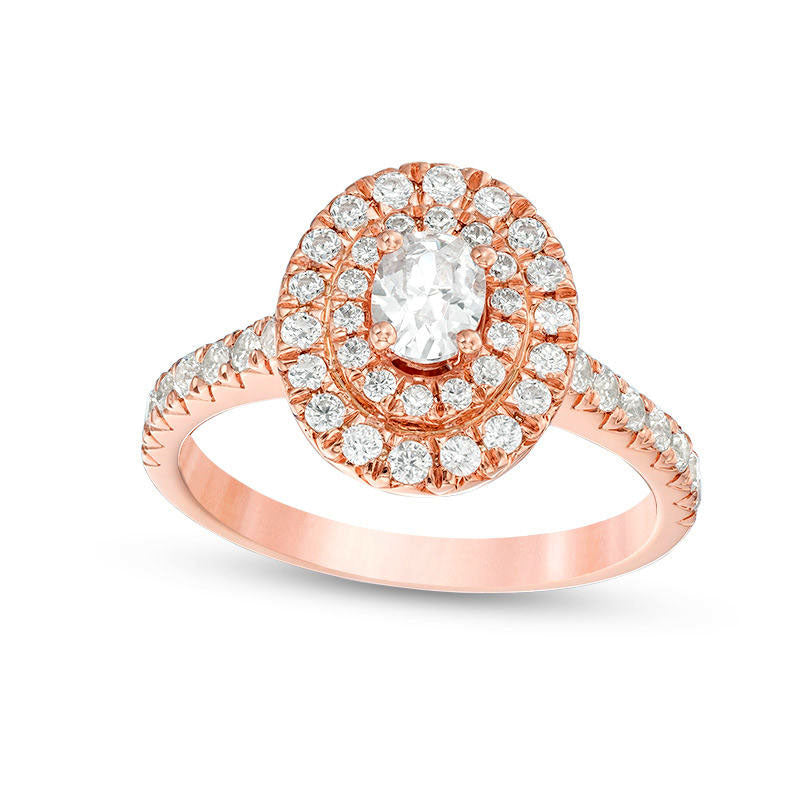 Image of ID 1 10 CT TW Oval and Round Natural Diamond Double Frame Engagement Ring in Solid 14K Rose Gold