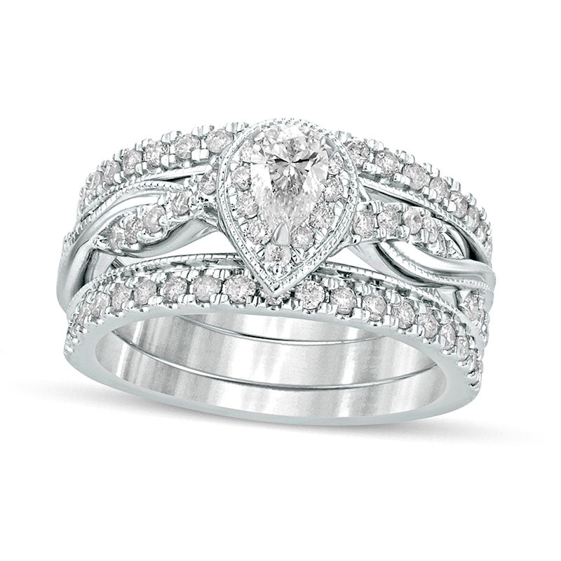Image of ID 1 10 CT TW Pear-Shaped Natural Diamond Frame Twist Shank Antique Vintage-Style Bridal Engagement Ring Set in Solid 14K White Gold