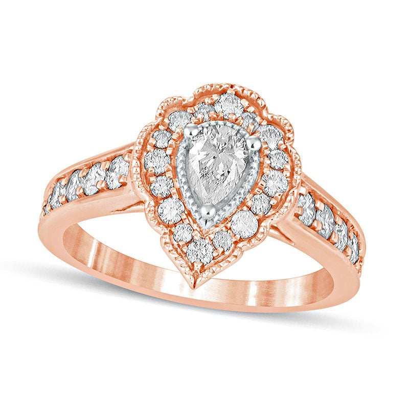 Image of ID 1 10 CT TW Pear-Shaped Natural Diamond Scallop Frame Antique Vintage-Style Engagement Ring in Solid 14K Rose Gold