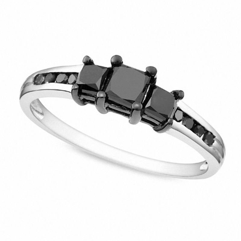 Image of ID 1 10 CT TW Princess-Cut Enhanced Black Natural Diamond Three Stone Ring in Sterling Silver
